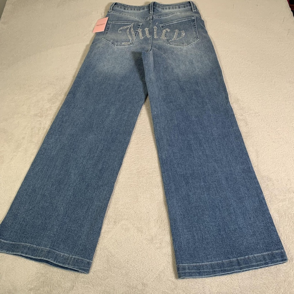 Juicy Couture Lunita Wide Leg Jeans Juniors 7/28 Blue Wash High Rise Rhinestone